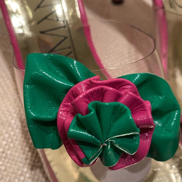 Amano Vintage Handmade Hot Pink Green Flower Clear Slide w H Pink Heel / Size 9N - Picture 5 of 16